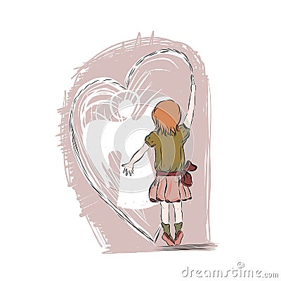 Girl draws an angel on wall. Vector Illustration